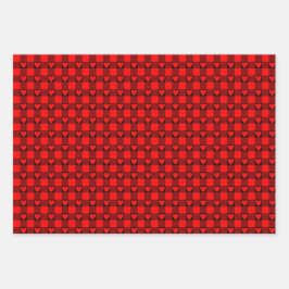 Rot-schwarze Büffel-Herz-Karopapier Geschenkpapier Set