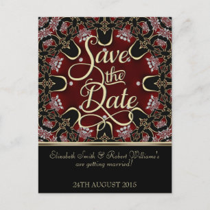 Rot-Schwarze Vintage-Bohemien-Save-the-Date-Postka Ankündigungspostkarte