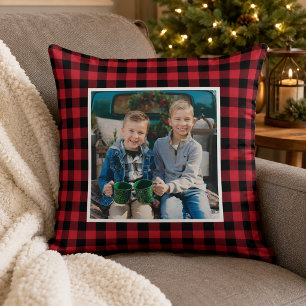 Rot-Schwarzes Büffel-Karo-Foto-Weihnachten Kissen