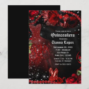 Rot-schwarzes Kleid Maskerade Quinceañera 15 Party Einladung