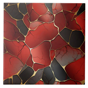 Rot-schwarzes Mosaik mit feinen goldenen Linien Fliese