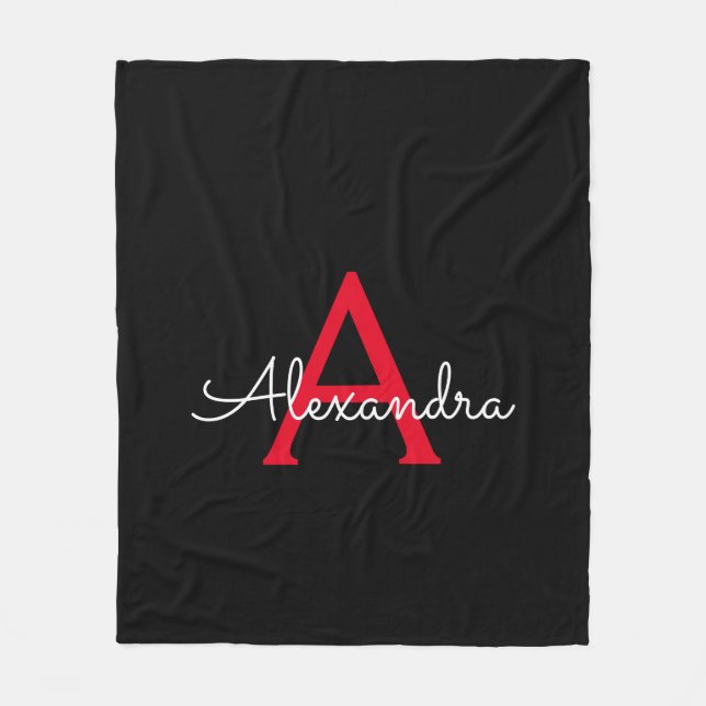 Rot-Schwarzes Skript Mädchen-Monogramm-Name Fleecedecke (Vorderseite)