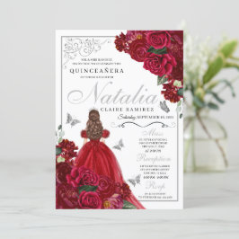 Rot & Silber Floral Quinceanera Geburtstag Einladu Einladung