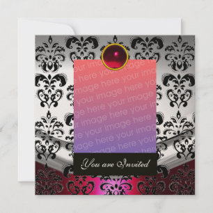 ROT SILBER, SCHWARZ-DAMASK-FOTO-VORLAGENMONOGRAMM EINLADUNG