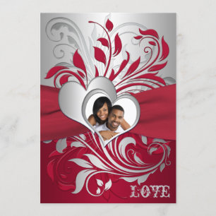 Rot, Silber Scrolls, Herz-Foto Hochzeitsempfang Einladung
