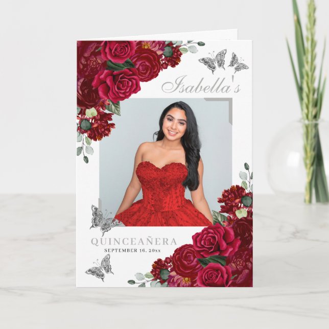 Rot & Silver Floral Quinceanera Tiara Butterfliege Programm (Vorderseite)