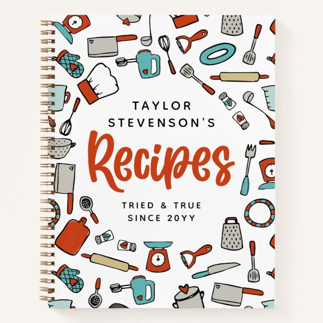 Rot Türkis handgezogene Kochutensilien Rezepte Notizbuch (Vorderseite)