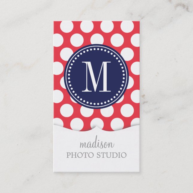 Rot u. Navy| große Polka-Punkte mit Monogramm Visitenkarte (Vorderseite)