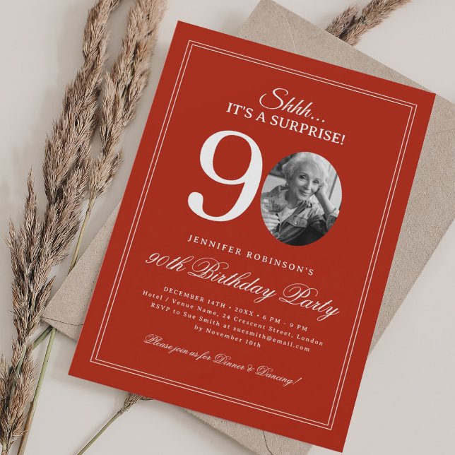 Rot | Überraschende 90. Geburtstagsfeier Einladung (Red | Surprise 90th Birthday Party Invitation)