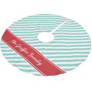 Rot und Aqua Preppy Stripes Monogramm Polyester Weihnachtsbaumdecke