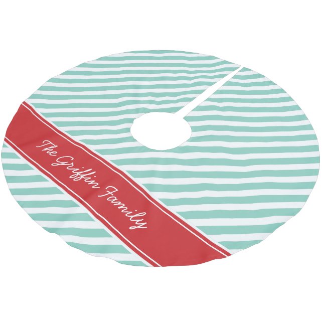 Rot und Aqua Preppy Stripes Monogramm Polyester Weihnachtsbaumdecke (Schrägansicht)