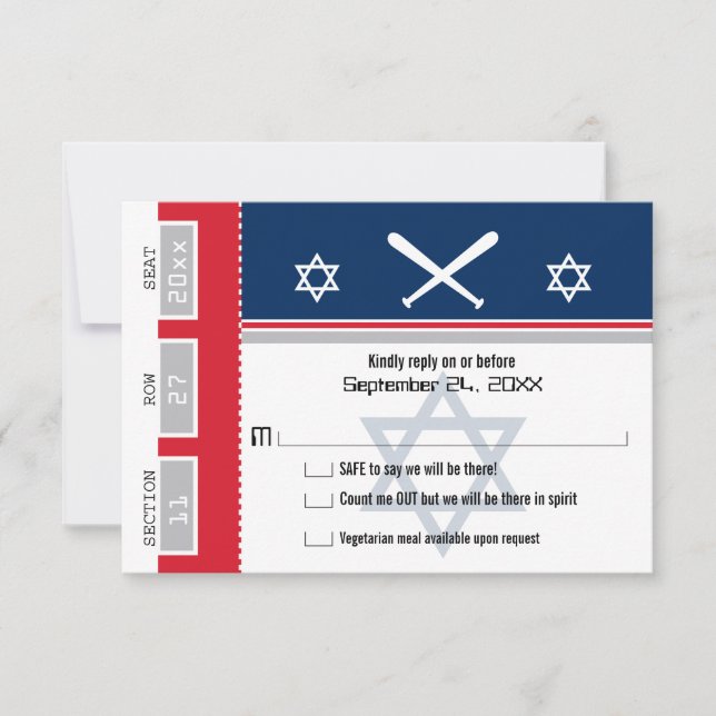 Rot und Blau Bar Mitzvah Baseball Ticket UAWG RSVP Karte (Vorderseite)