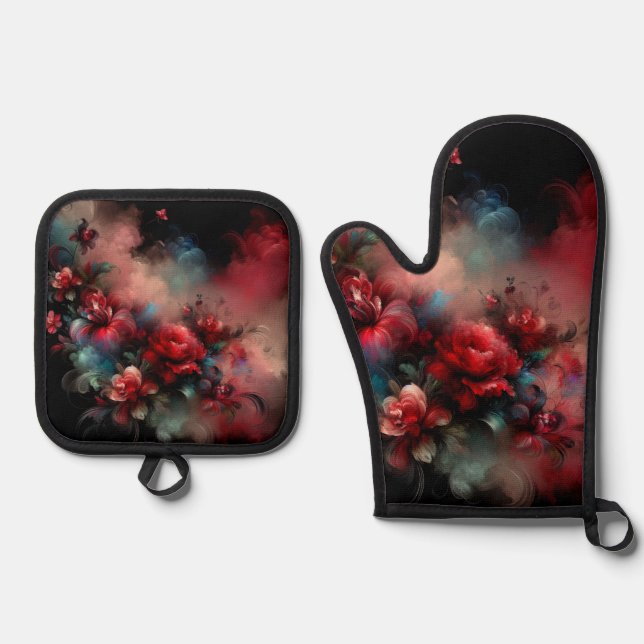 Rot und Blau Blüten Abstrakt auf schwarzem Hinterg Ofenhandschuh & Topflappen-Set (Vorderseite)