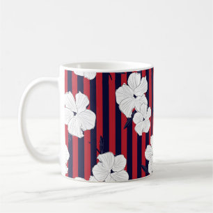 Rot und Blau Blütenbotanisches nahtloses Muster mi Kaffeetasse