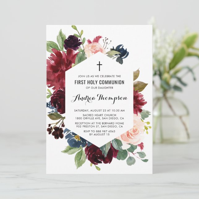 Rot und Blauer Blumenrahmen Erste Heilige Kommune Einladung (Stehend Vorderseite)