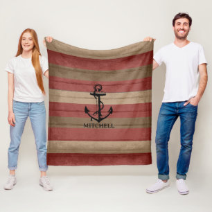 Rot und Braun Holz Nautical ⚓ Streifen & Anker Fleecedecke