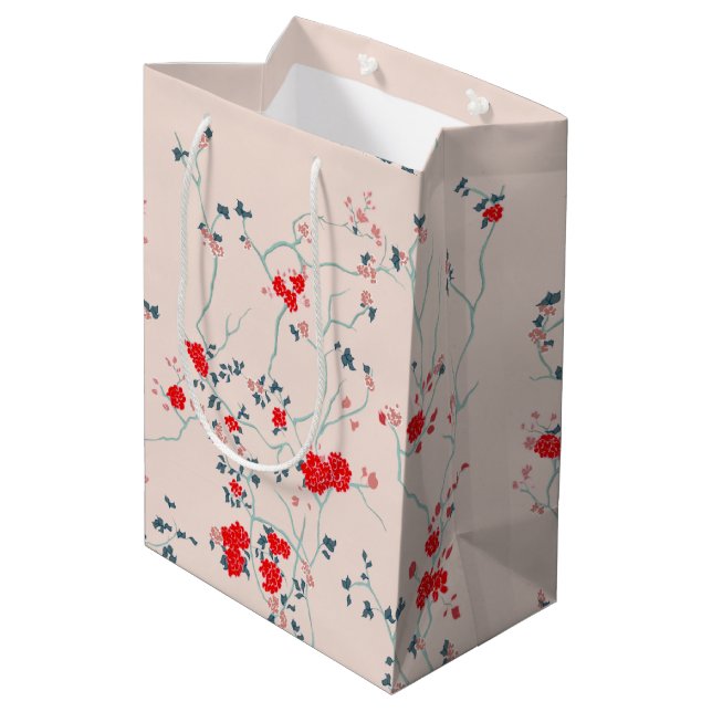 Rot und Creme Chinoiserie Blumenbeutel Mittlere Geschenktüte (Rückseite Schrägansicht)