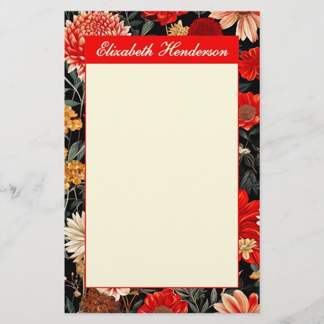 Rot und Creme Floral 5.5x8.5 Vertikale Stationieru Briefpapier (Vorderseite)