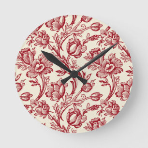Rot und Creme Tulips Toile - französisches Landdek Runde Wanduhr
