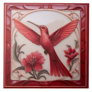 Rot- und cremefarbene Faux-Relief-Art-Nouveau-Koli Fliese