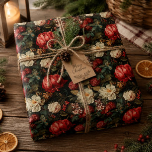 Rot und cremefarbenes Vintage-Blumendekoupage Geschenkpapier
