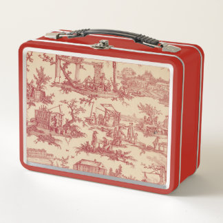 Rot und Elfenbein Toile de Jouy Metall Brotdose