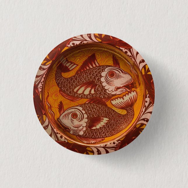 Rot und gelb Muster Antiker Fisch Klassisches Schw Button (Vorderseite)