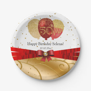 Rot- und Gold-50. Geburtstag-Seidenballon Pappteller