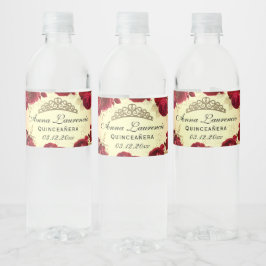 Rot und Gold Blumenquinceanera Wasserflaschenetikett