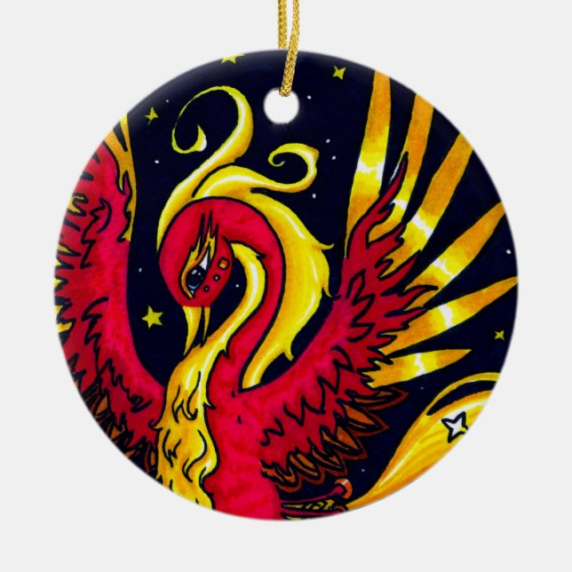 Rot und Gold, die Phoenix fliegen Keramikornament (Vorne)