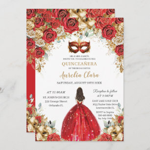Rot und Gold Floral Masquerade Ball Quinceañera Einladung