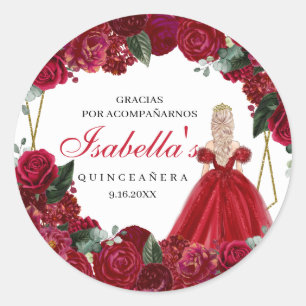 Rot und Gold Floral Quinceanera Klassischer Rundga Runder Aufkleber