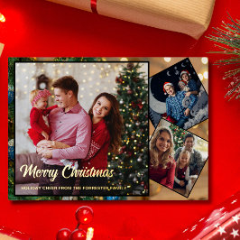 Rot und Gold Frohe Weihnachtsfamilie 3 Foto Folien Feiertagskarte