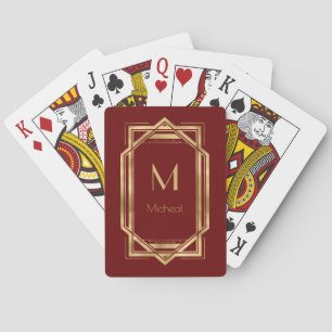 Rot und Gold geometrisch   Monogramm und Name Spielkarten