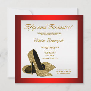 Rot und Gold High Heels Frauen 50. Geburtstag Einladung
