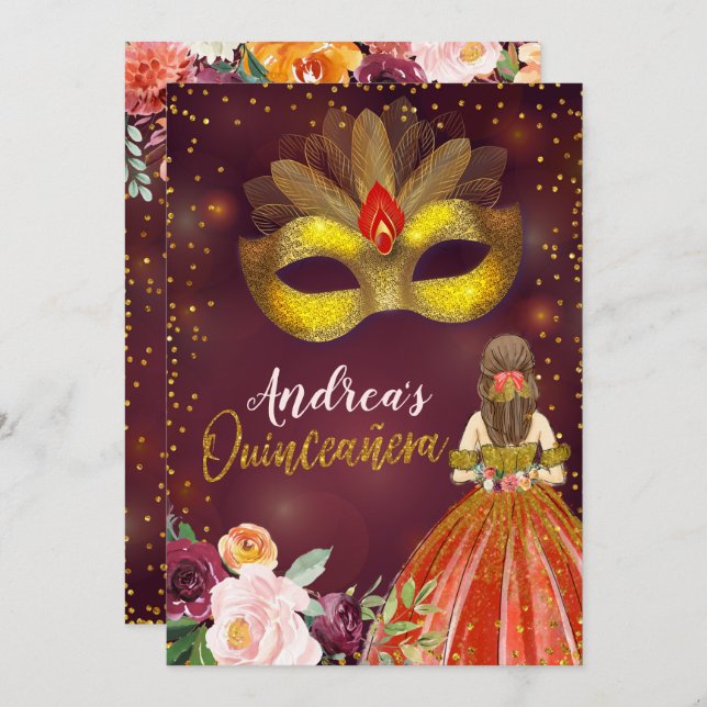 Rot und Gold mexikanische Prinzessin Quinceañera z Einladung (Vorne/Hinten)