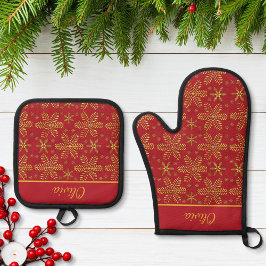 Rot und Gold Personalisiert Ofenhandschuh & Topflappen-Set