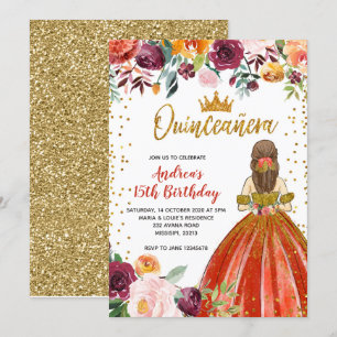 Rot und Gold Prinzessin Floral Quinceñera Geburtst Einladung