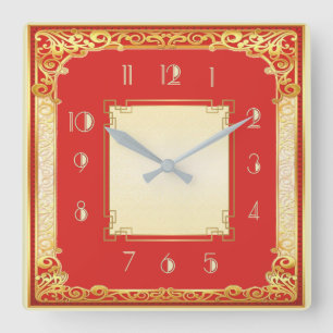 Rot und Gold Quadratische Wanduhr