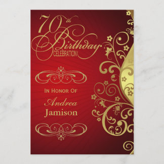 Rot und Gold Swirl 70. Geburtstagsparty Einladung