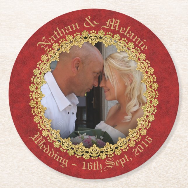 Rot und Gold verziert Runder Pappuntersetzer (Vorderseite)