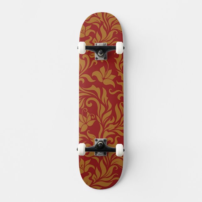 Rot und Goldblumenmuster Skateboard (Vorderseite)