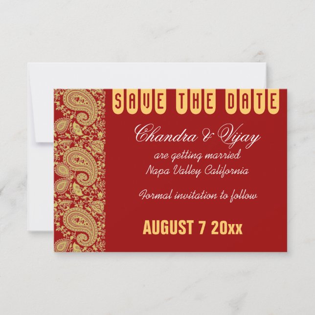 Rot-und Goldpaisley Save the Date Hochzeit Einladung (Vorderseite)