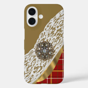 Rot und Goldtartan kariert und Spitze iPhone 16 Hülle