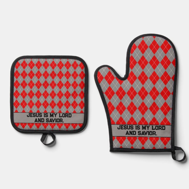Rot und Grau Jesus ist mein Erretter Oven Mitt & P Ofenhandschuh & Topflappen-Set (Vorderseite)