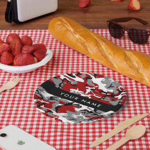 Rot und Gray Camouflage Ihr Name personalisieren Pappteller