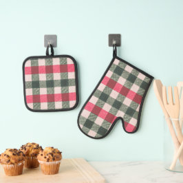 Rot und Grün Bauernhof Gingham Ofenhandschuh & Topflappen-Set
