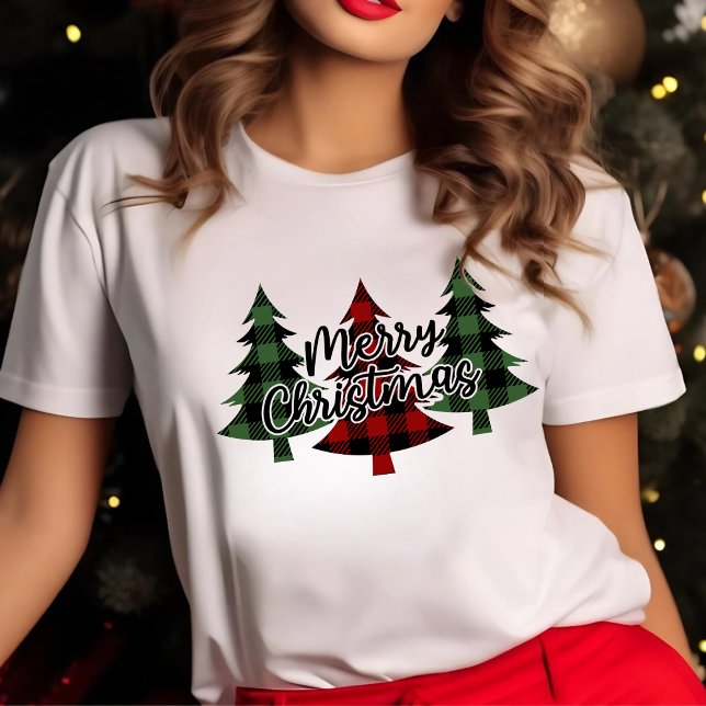 Rot und Grün Buffalo Kariert frohe Weihnachtsbaume T-Shirt (Red and Green Buffalo Plaid Merry Christmas Trees T-Shirt)