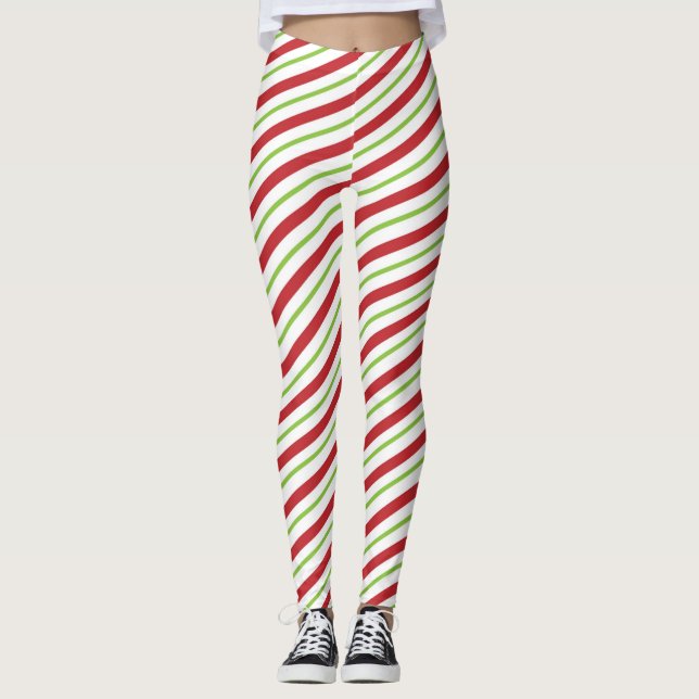 Rot und Grün-Diagonal-Striptes Candy Cane Muster Leggings (Vorderseite)