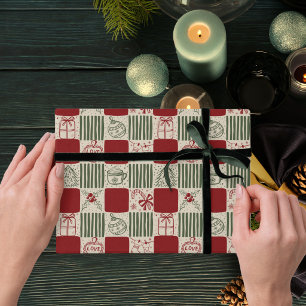 Rot und grün handgezeichnete Retro-Karo Weihnachte Geschenkpapier